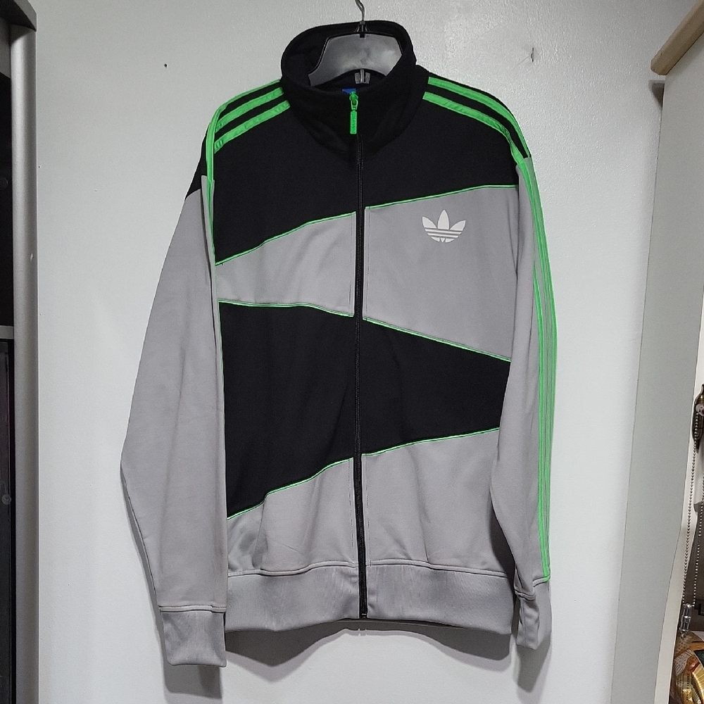 adidas Grey, Black & Neon Green Trefoil Track Jacket